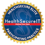 A circular gold-edged badge featuring the text "HealthSecure Elite Participating Practice" around the outer edge and "HealthSecureIT Defend Your Data" in the center on a blue background.