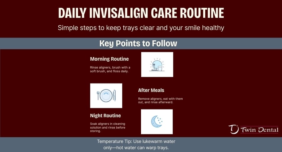 Alt text: Daily Invisalign care routine infographic with morning, after-meals, and night steps plus a tip to use lukewarm water to avoid warping trays.
